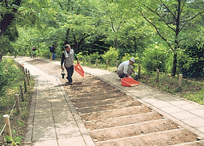 弘法山公園の階段を清掃