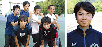 （右）赤坂よもぎ選手（左）桐蔭学園のメンバー後列左から時計回りに成家選手、矢野選手、角田選手、長谷川選手、木村選手、小田原選手