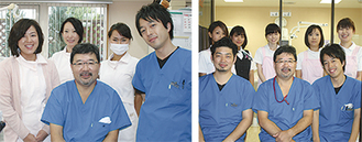 アークデンタルクリニック（左）とすだ歯科医院のドクターとスタッフ。中央が須田理事長