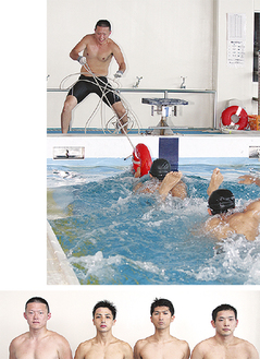（右）溺者救助訓練の様子、（下）出場選手。左から畠山・鈴木岳、中澤、鈴木敦（敬称略）