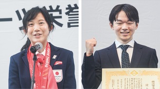 北京五輪を振り返る高木選手（左）と賞状を手に喜ぶ鍵山選手