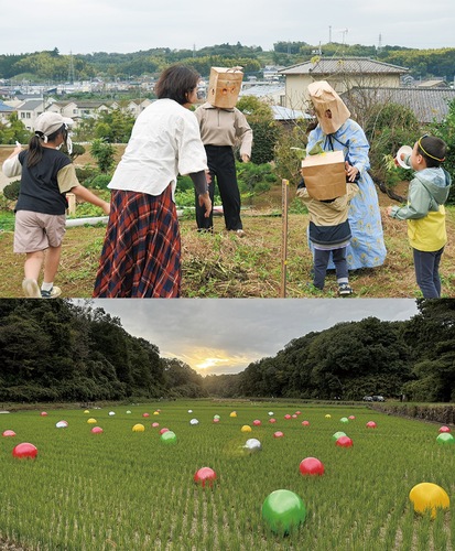 （上）坂本紀恵さんのワークショップ／（下）畑に現れた加藤良次さんの作品（どちらも昨年の様子）