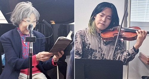 朗読する遠藤さん（左）と演奏する城所さん