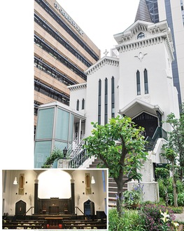 大さん橋入口の開港広場に隣接する横浜海岸教会。庭に日本基督公会発祥地の石碑も。写真下は礼拝堂