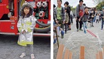 消防服を着る子ども（左）、輪投げに挑戦する子ども（右）