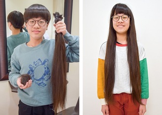 髪を切る前の木地くん（右写真）、切り落とした髪を見せる木地くん（左写真）