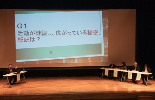 パネルディスカッションで、村井教授（左）と参加者が対話する様子