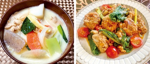 昨年の入賞作品「横浜野菜たっぷり豆乳豚汁」（左）と「ゴロゴロ小松菜ミートボール」＝横浜市提供