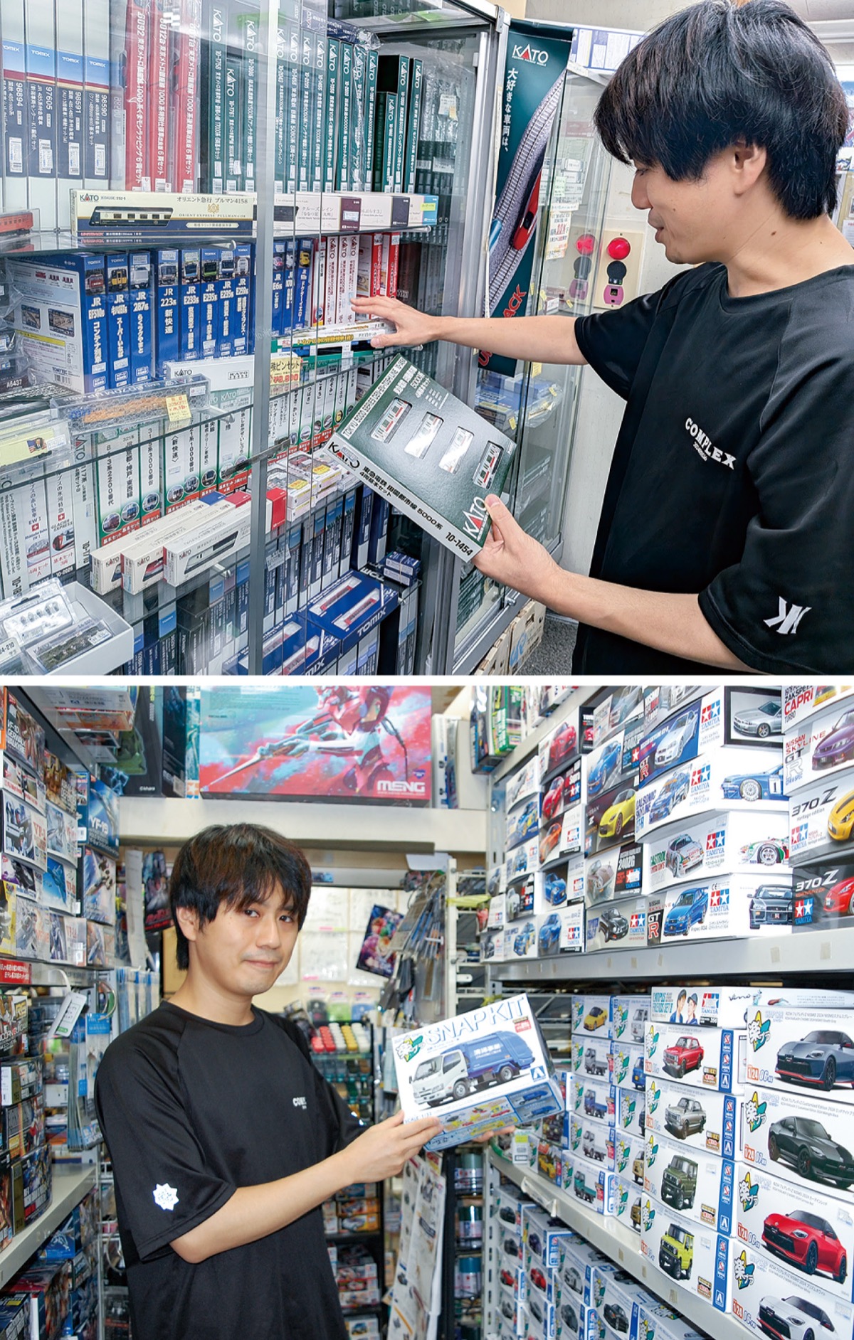 種類豊富な鉄道模型(上)と棚に積みあがる自動車模型(下)など店内はプラモデルがずらりと並ぶ