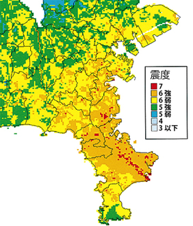 三浦半島断層群で地震が起きた場合の推計震度分布図（平成21年３月発行の神奈川県地震被害想定調査報告書より引用）