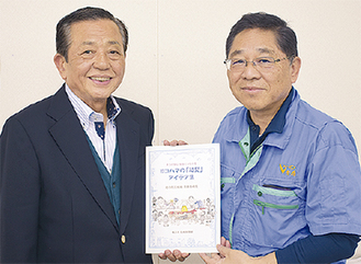 事例集を手にする小島会長（左）と斉藤忠一事務局長
