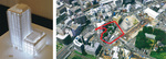 組合施行となる施設・住居の模型（左）と建設場所の現地空撮（右※事業パンフレットより）