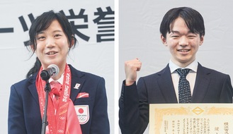 北京五輪を振り返る高木選手（左）と賞状を手に喜ぶ鍵山選手