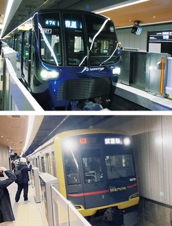 新横浜駅に入線する、試運転中の相鉄線車両（上）と東急線車両（昨年11月24日）