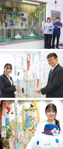 設置された短冊を紹介する職員（上から）横浜信金、川崎信金、城南信金