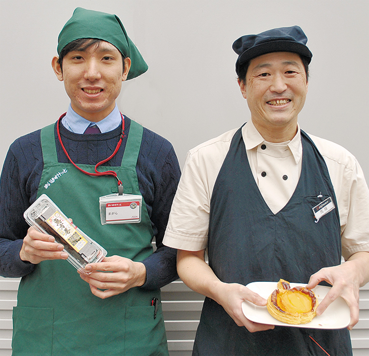 笑顔が印象的なデリフランスの馬場店長（右）、まいばすけっとの真柄店長（左）