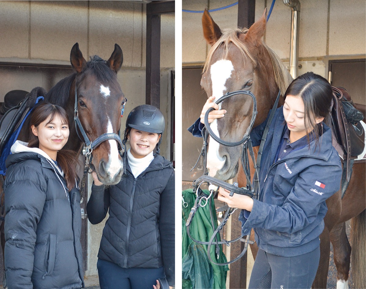 馬術部部員と18歳のエポレット号(左)、11歳のビオンデッツァ号(右)