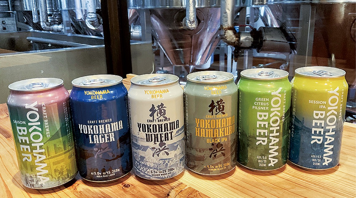新発売の横浜セゾン（左）をはじめ、香りや味わいの異なるクラフト缶６種飲み比べセット
