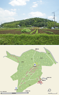 川和町駅から望む「川和市民の森」と案内図（写真下）