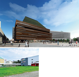 区民文化センター（左）と民間施設イメージ＝上写真、商業施設前の整備予定地