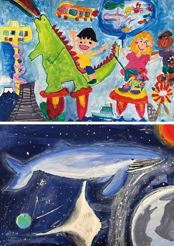 松田さんの作品「ゆめのまち」（上）、大沼さんの作品「宇宙水族館」