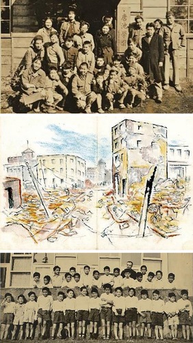 (写真上)横浜の戦争孤児を保護した唐池学園の子どもたち（中）横山清治さん画「関内の焼け跡」1945年（下）聖母愛児園分園ファチマの聖母少年の町の子どもたち