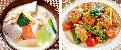 昨年の入賞作品「横浜野菜たっぷり豆乳豚汁」（左）と「ゴロゴロ小松菜ミートボール」＝横浜市提供