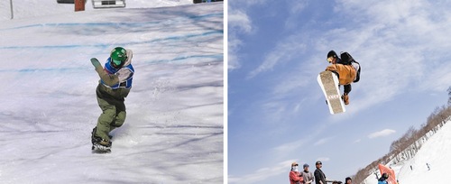 着地を決める漣さん（左）とエアを決める楽久さん（右）＝提供写真