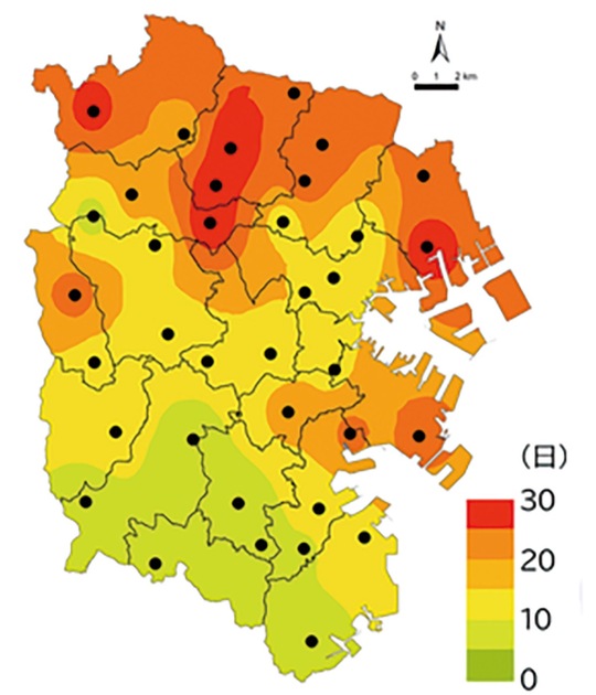 環境科学研究所が発表した猛暑日日数分布図