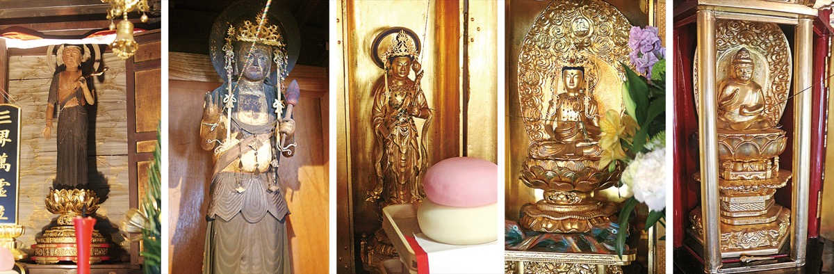 （左から）清林寺、龍福寺、大善寺、長泉寺（２体）で開帳されている観音菩薩