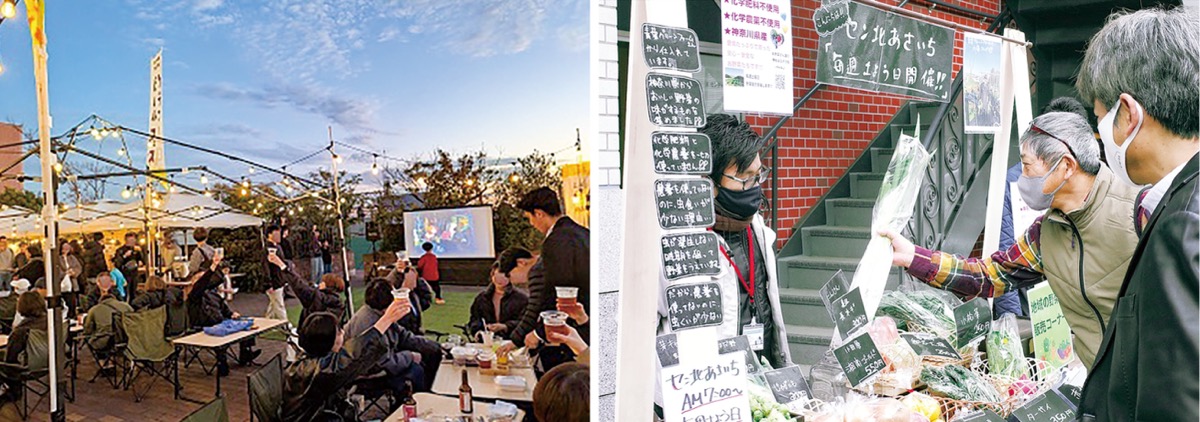 賑わいを見せるセン北あさいち(写真右)とクラフトビールフェス