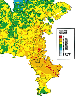 三浦半島断層群で地震が起きた場合の推計震度分布図（２００９年３月発行の神奈川県地震被害想定調査報告書より引用）