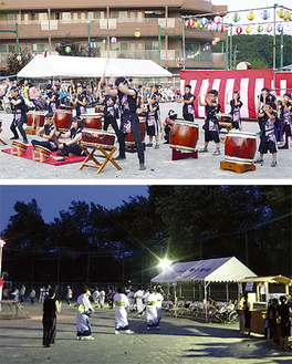 若葉太鼓による演奏（上）と上川井婦人会の盆踊り＝同施設提供