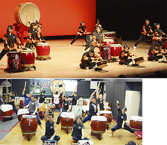 東日本大会で迫力ある演奏を見せた華音（上）＝同団体提供。下は練習に励む打鼓音