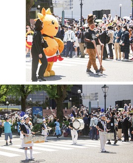 パレードに参加した重忠あさひくん（写真上）、鶴ヶ峰地区町内会連合会鼓笛隊