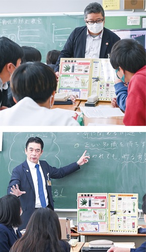 鶴ケ峯小（写真上）と都岡中で薬物から身を守る心構えを語る旭ＬＣの会員