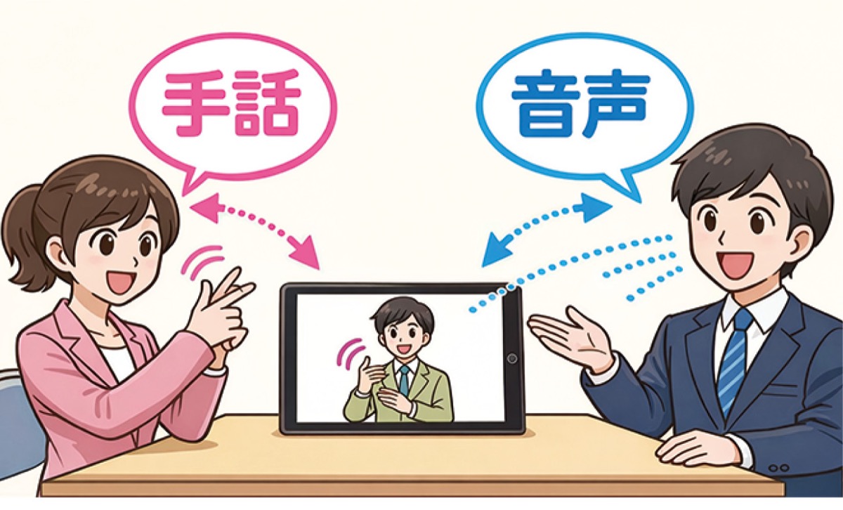 手話リンク：画面越しの手話通訳オペレーターが、手話を音声に変換して相手に伝えるもの。事前登録不要、無料で利用できます