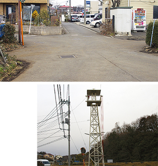 宮沢六道の辻（上・現在の辻は１９９４年に改修されたもの）と宮沢の火の見櫓（右）
