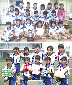 優勝に笑顔の選手たち（写真上５・６年生、下１・２年生）＝同チーム提供