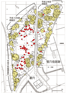 泉警察遺跡の平面図。黄色の円が住居、赤色の点が墓穴を示す（公益財団法人　横浜市ふるさと歴史財団　埋蔵文化財センター提供）