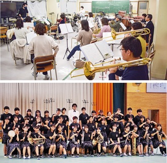 練習を重ねるいずみ吹奏楽団（上）と中和田中学校吹奏楽部