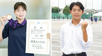 関東大会女子背泳ぎ200メートルで優勝した景山さん（左）と選抜チームで東日本を制した八木君