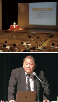 泉公会堂で行われた講演会（上）、登壇した湘南泉病院の池島理事長