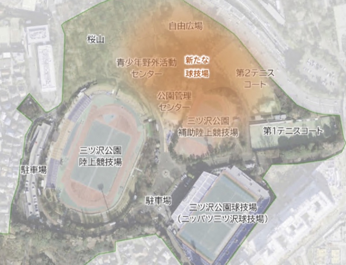 陸上競技場と現在の球技場の北側(オレンジの部分)が新たな球技場の建設候補地となっている=市提供