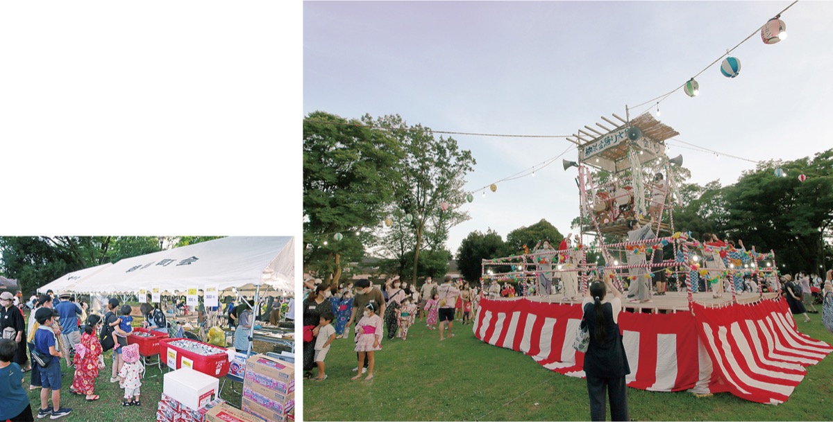 【しらゆり】会場にはやきとりやジュースの模擬店も並んだ（左）ほか、ひときわ大きなやぐらも組まれた