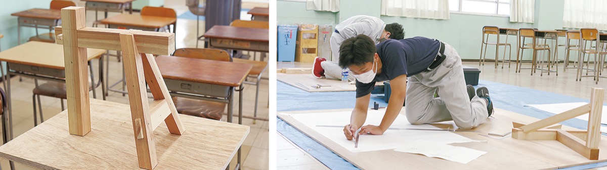 大会で製作した作品（左）、「頭を使いながら体を動かす」という練習の様子