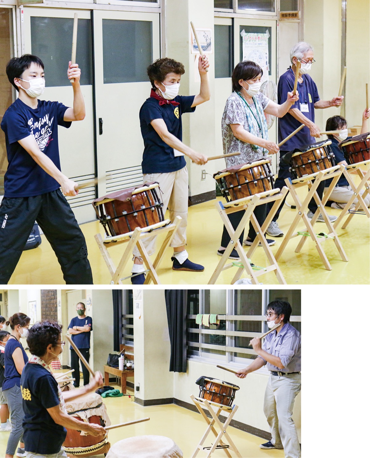 岡津中学校で行われている岡津太鼓の練習。初心者も丁寧に指導