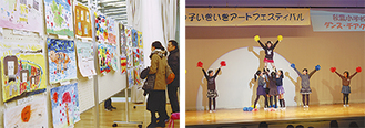 区総合庁舎での作品展（左）と戸塚公会堂でのステージ発表