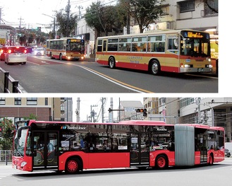バスが２台並び、渋滞の誘引となることも（写真上・戸塚駅そばの東海道）。導入される連節バス