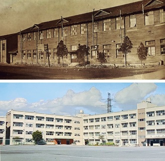 1958年当時の戸塚中学校（上）と現在の姿